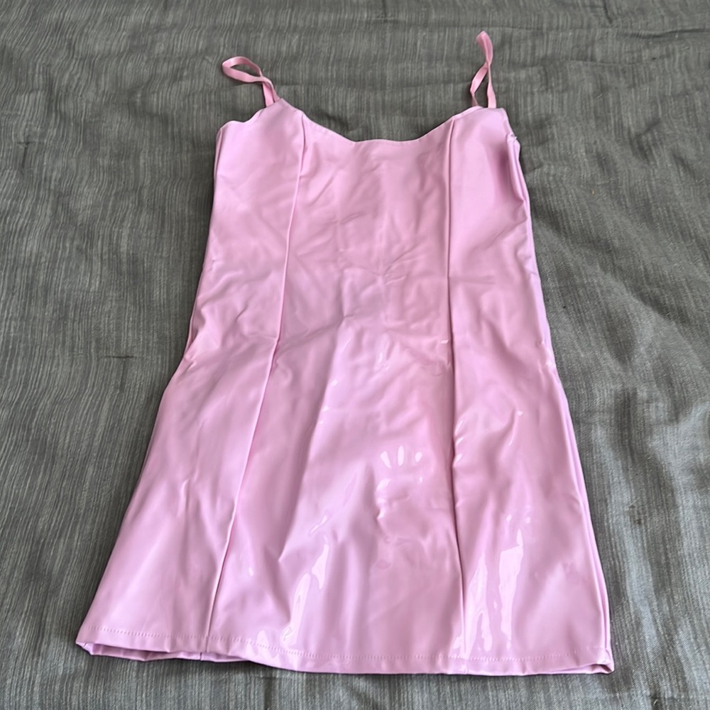 Pretty Little Thing, pink leather, zip up dress.